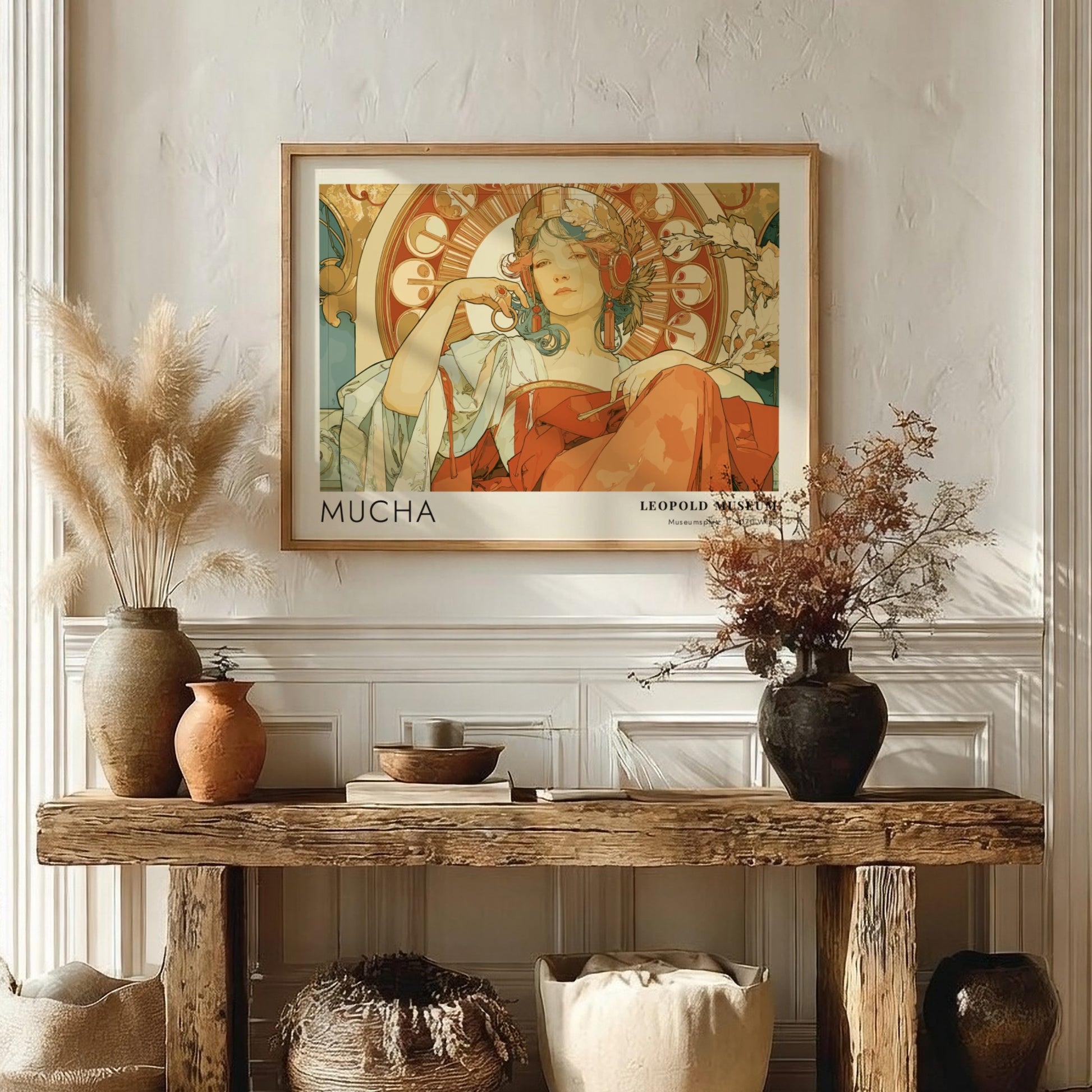 Wall art poster featuring an Alphonse Mucha illustration with a woman in terracotta tones.