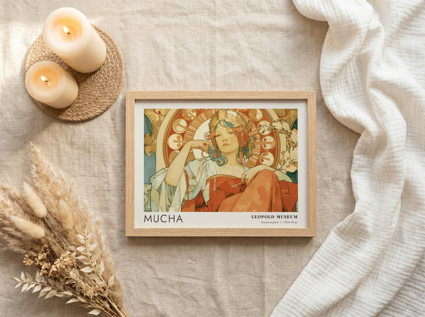Wall art poster featuring an Alphonse Mucha illustration with a woman in terracotta tones.
