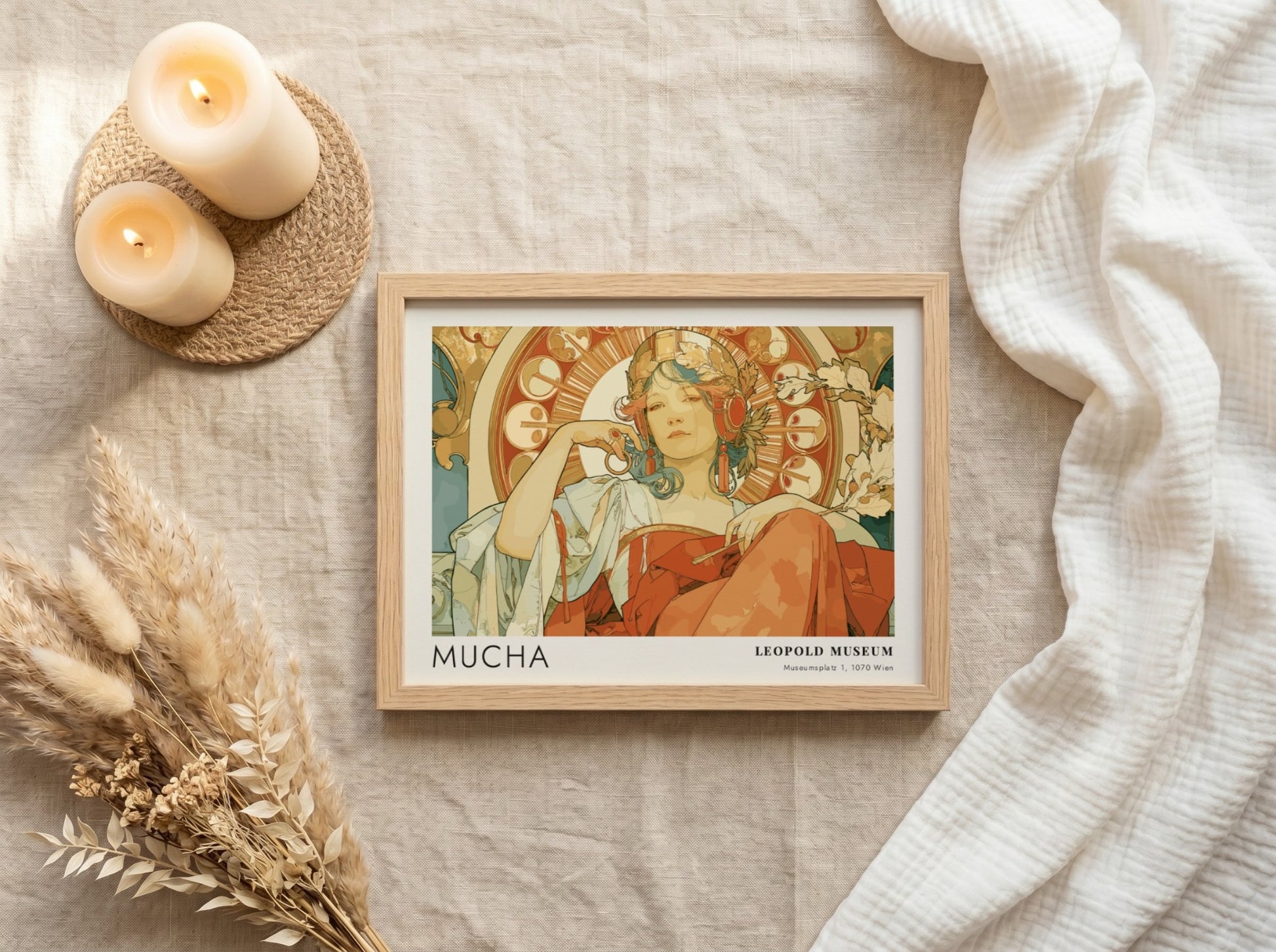 Wall art poster featuring an Alphonse Mucha illustration with a woman in terracotta tones.
