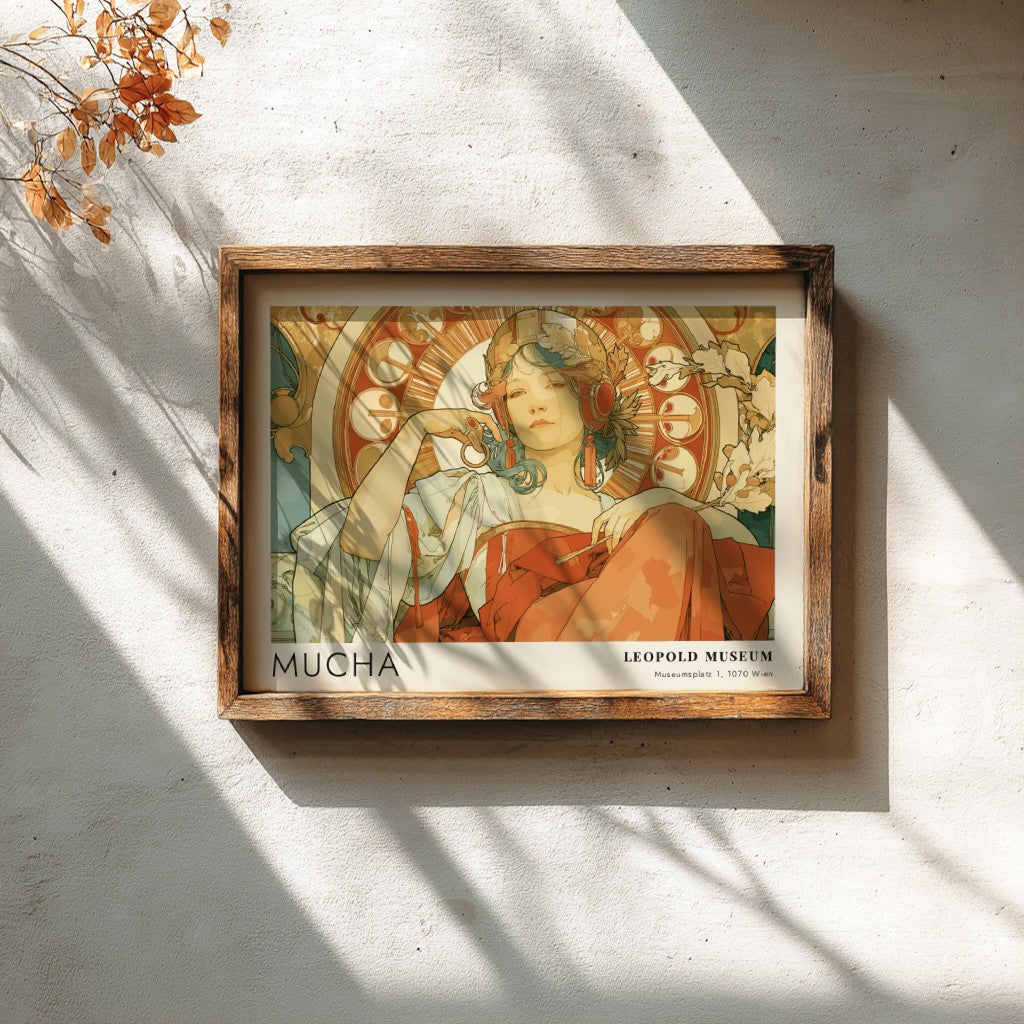 Wall art poster featuring an Alphonse Mucha illustration with a woman in terracotta tones.