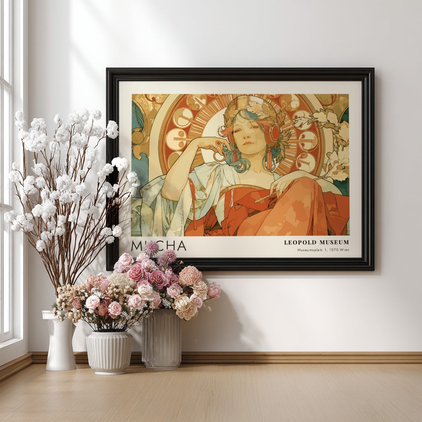 Wall art poster featuring an Alphonse Mucha illustration with a woman in terracotta tones.