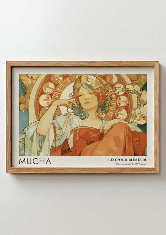 Wall art poster featuring an Alphonse Mucha illustration with a woman in terracotta tones.