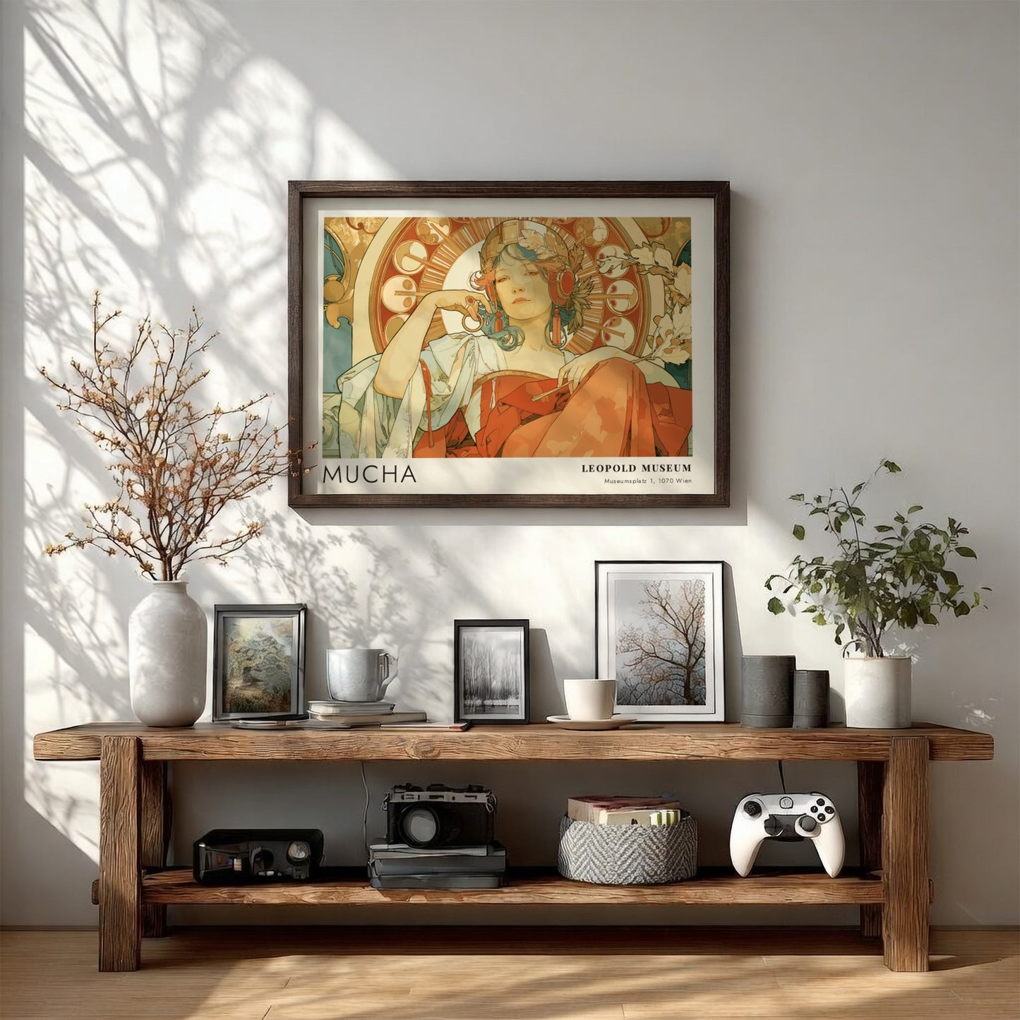 Wall art poster featuring an Alphonse Mucha illustration with a woman in terracotta tones.