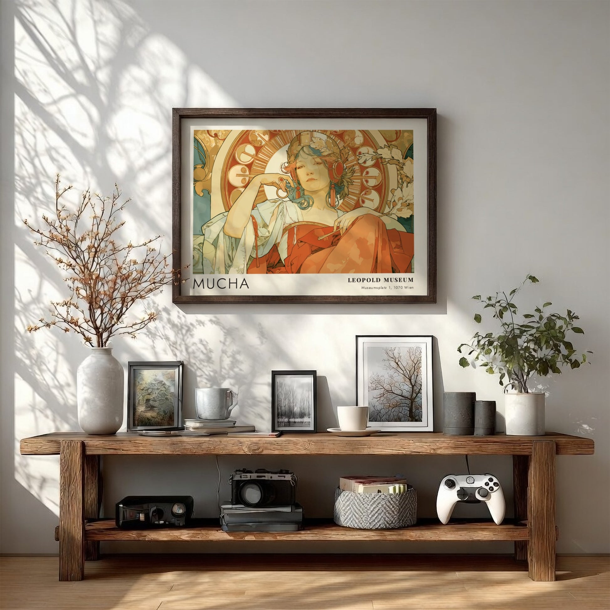Wall art poster featuring an Alphonse Mucha illustration with a woman in terracotta tones.