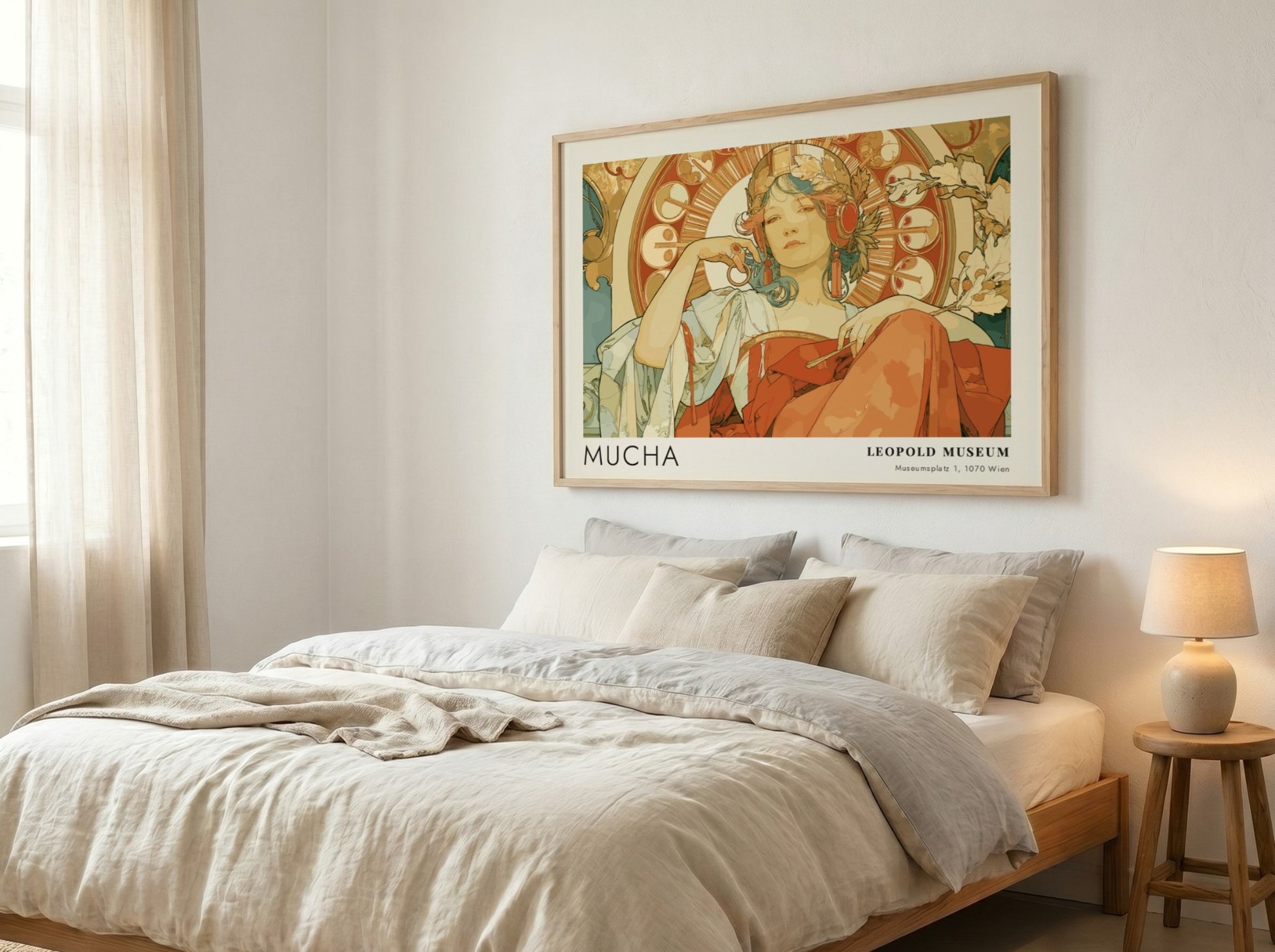 Wall art poster featuring an Alphonse Mucha illustration with a woman in terracotta tones.