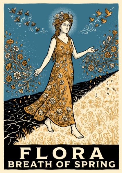 Flora Breath of Spring poster featuring a goddess walking across a blooming landscape.
