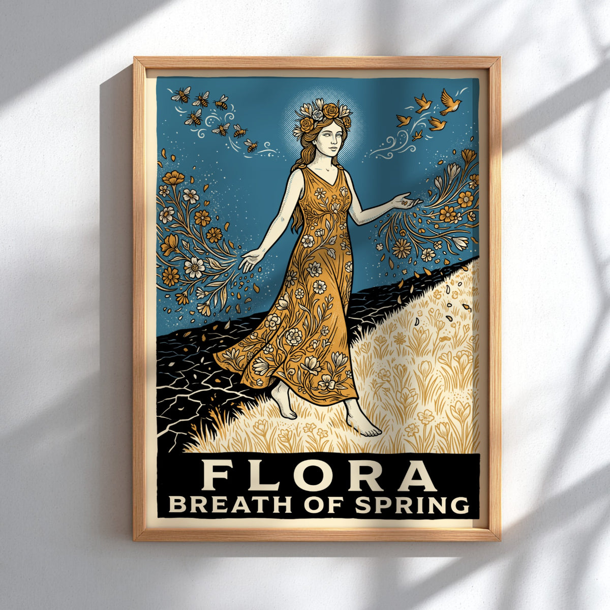 Flora Breath of Spring poster featuring a goddess walking across a blooming landscape.