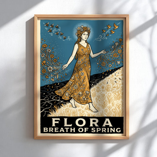 Flora Breath of Spring poster featuring a goddess walking across a blooming landscape.