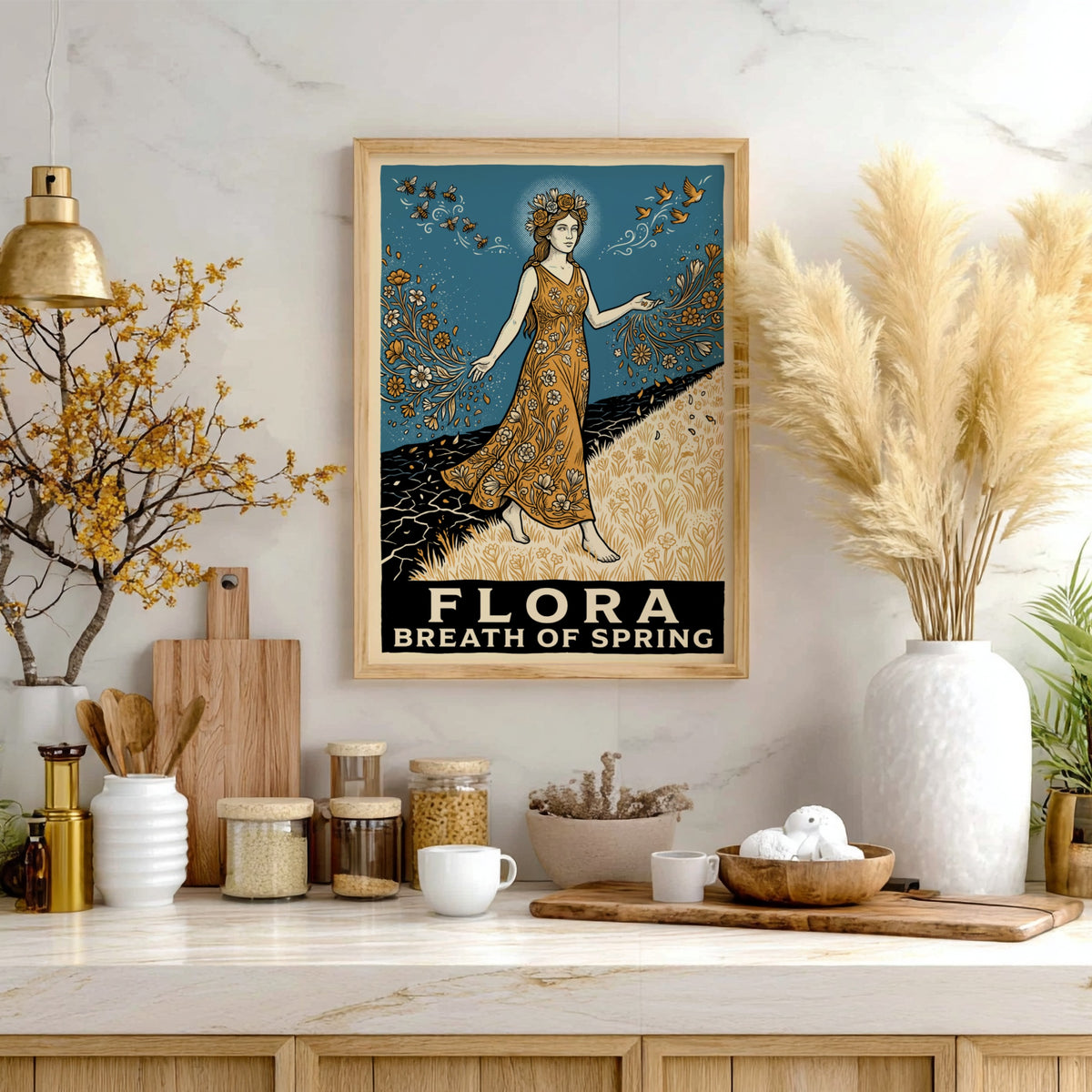 Flora Breath of Spring poster featuring a goddess walking across a blooming landscape.