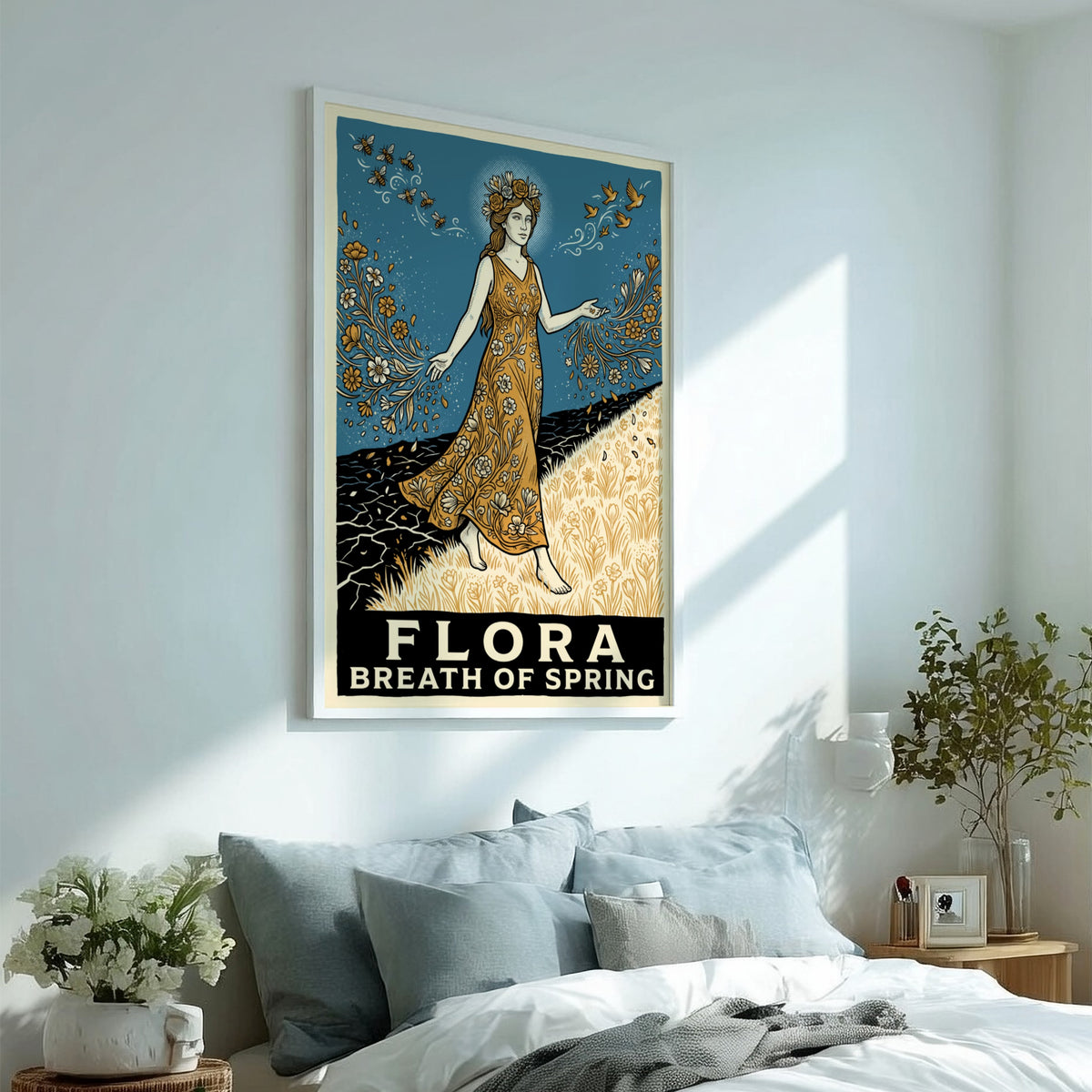 Flora Breath of Spring poster featuring a goddess walking across a blooming landscape.