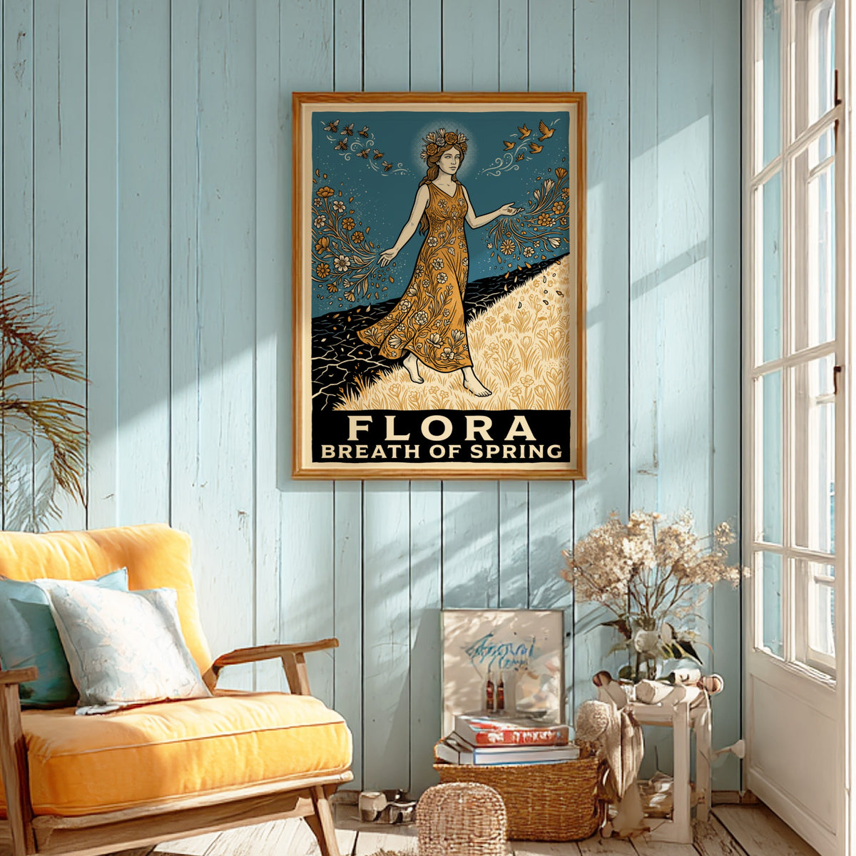Flora Breath of Spring poster featuring a goddess walking across a blooming landscape.