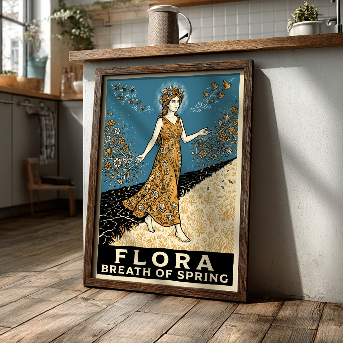 Flora Breath of Spring poster featuring a goddess walking across a blooming landscape.