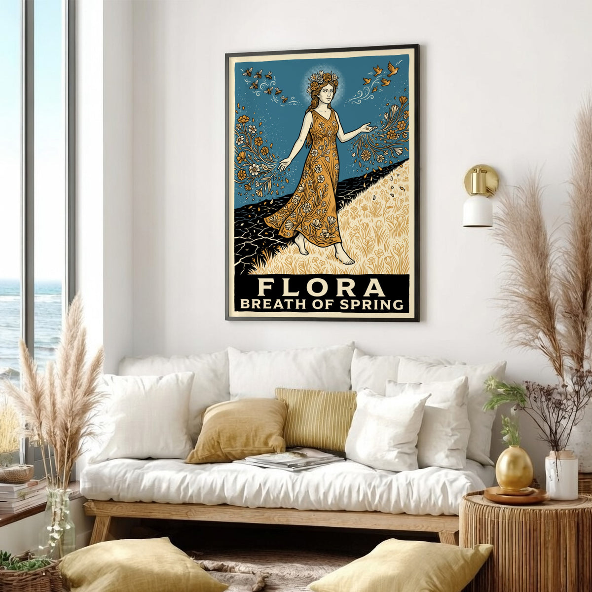 Flora Breath of Spring poster featuring a goddess walking across a blooming landscape.