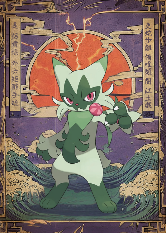 Floragato Pokemon character in a stylized frame with waves and a sunset.