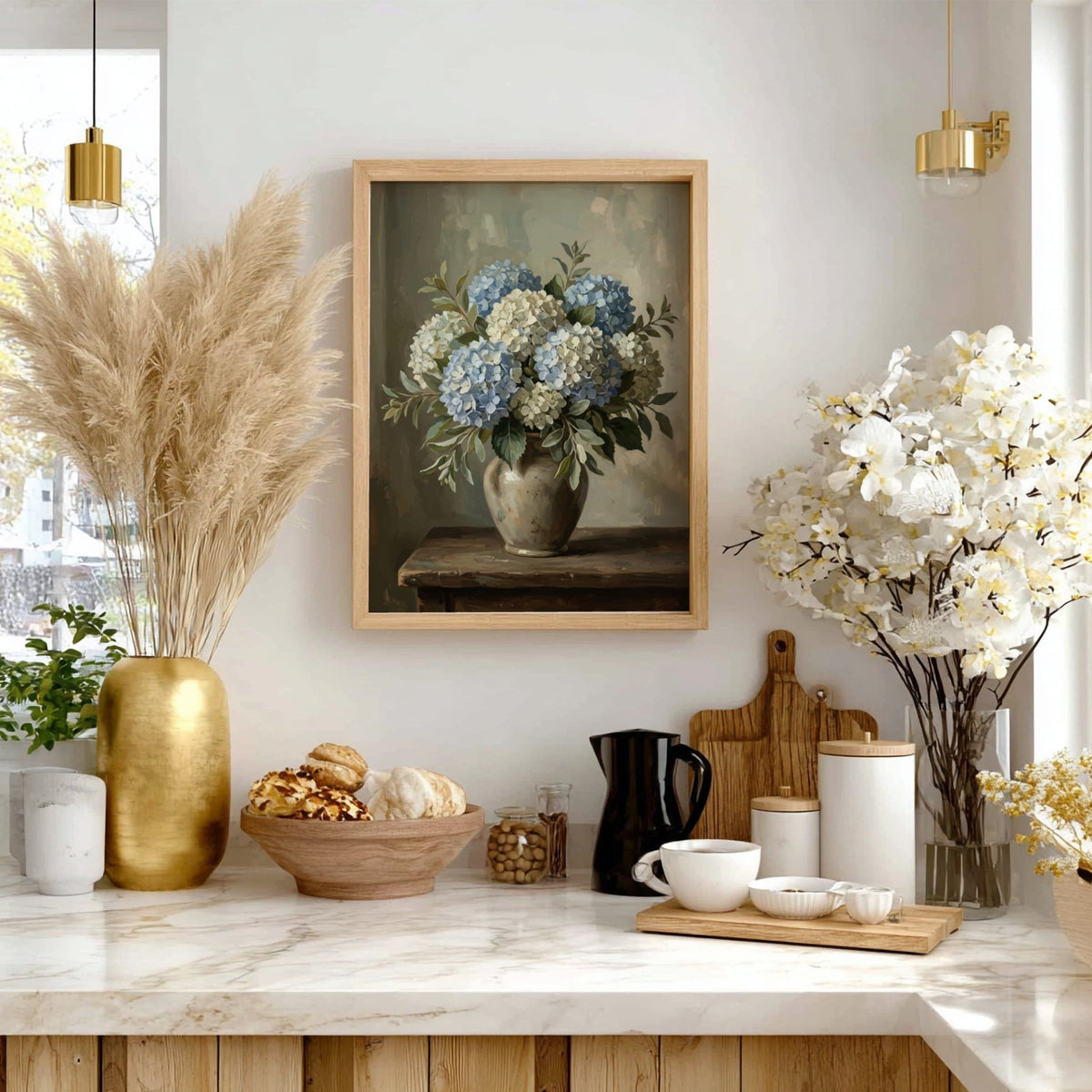 Poster featuring a vintage still life painting of blue and white hydrangeas in a vase.