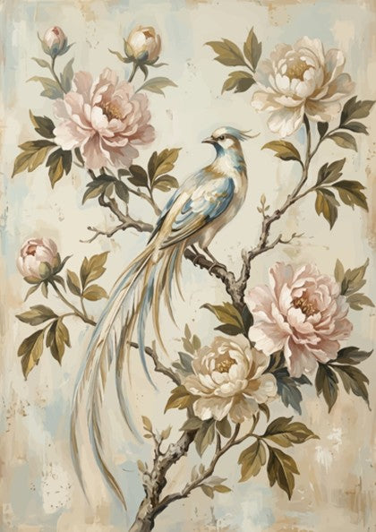 Poster featuring a long-tailed bird perched on a branch surrounded by blooming peonies