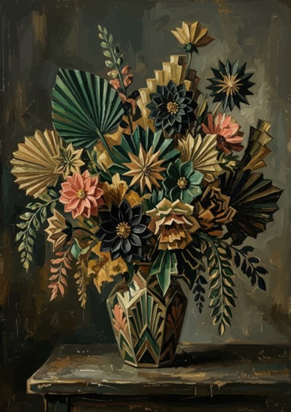 Poster featuring an Art Deco floral arrangement with geometric leaves in muted earthy tones
