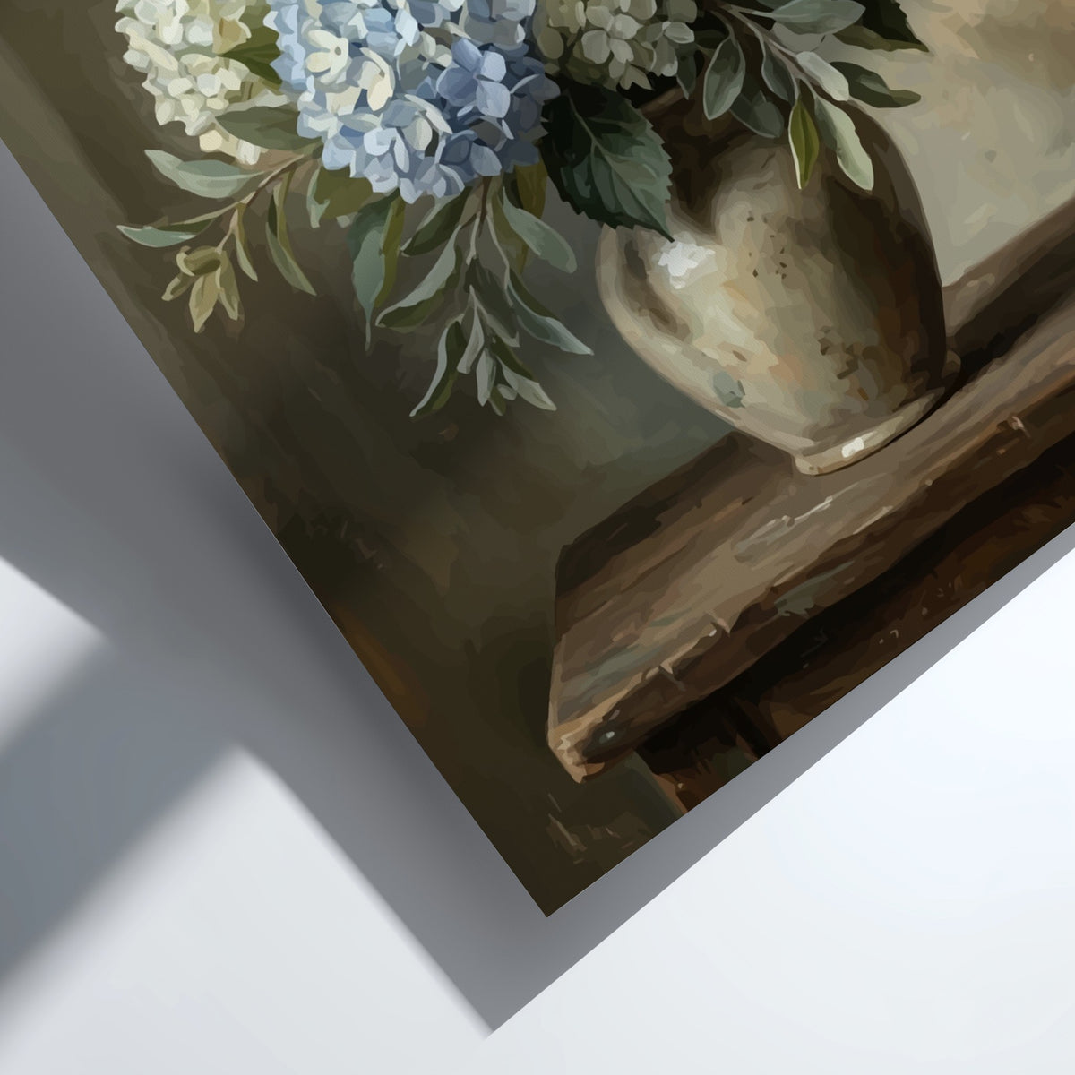 Poster featuring a vintage still life painting of blue and white hydrangeas in a vase.
