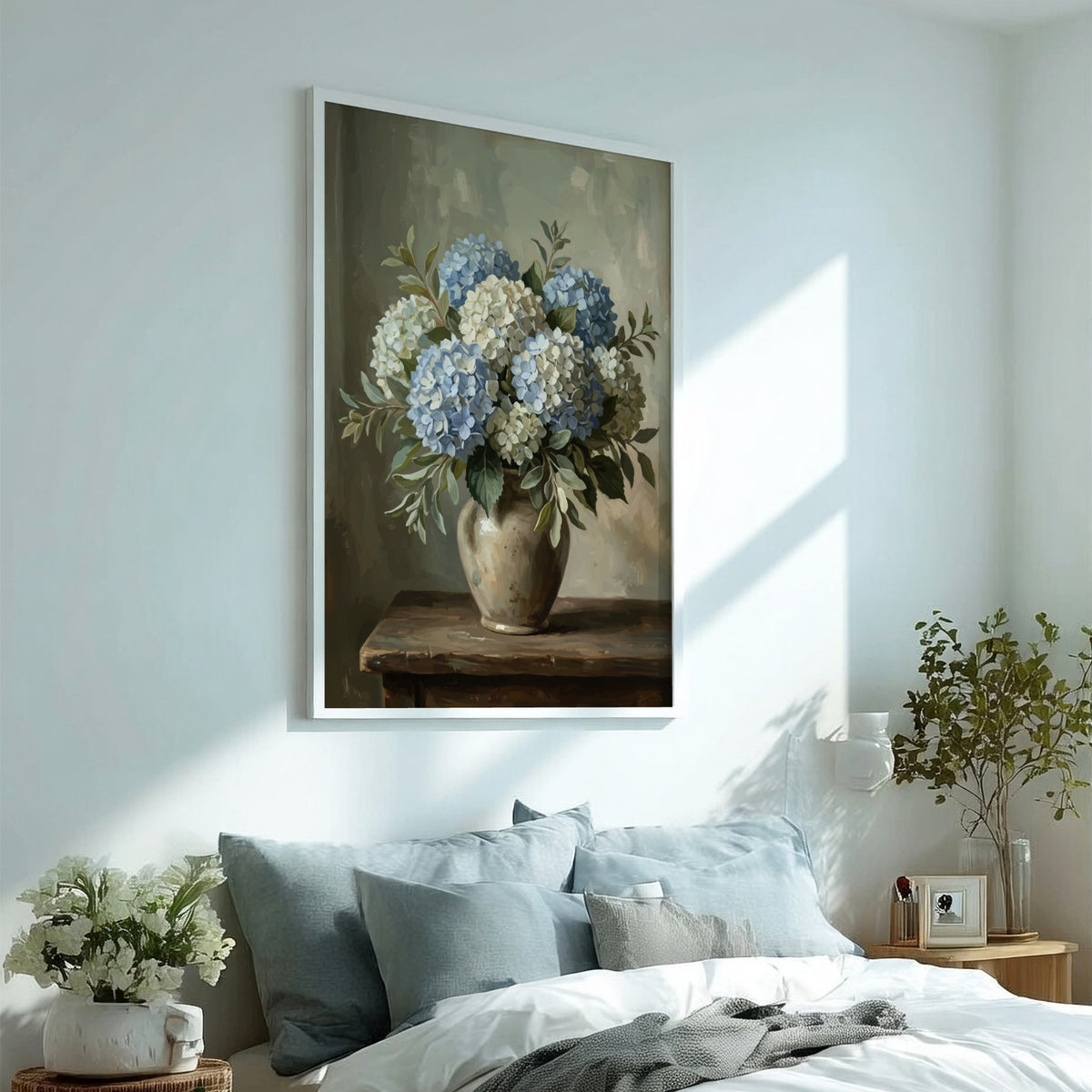 Poster featuring a vintage still life painting of blue and white hydrangeas in a vase.