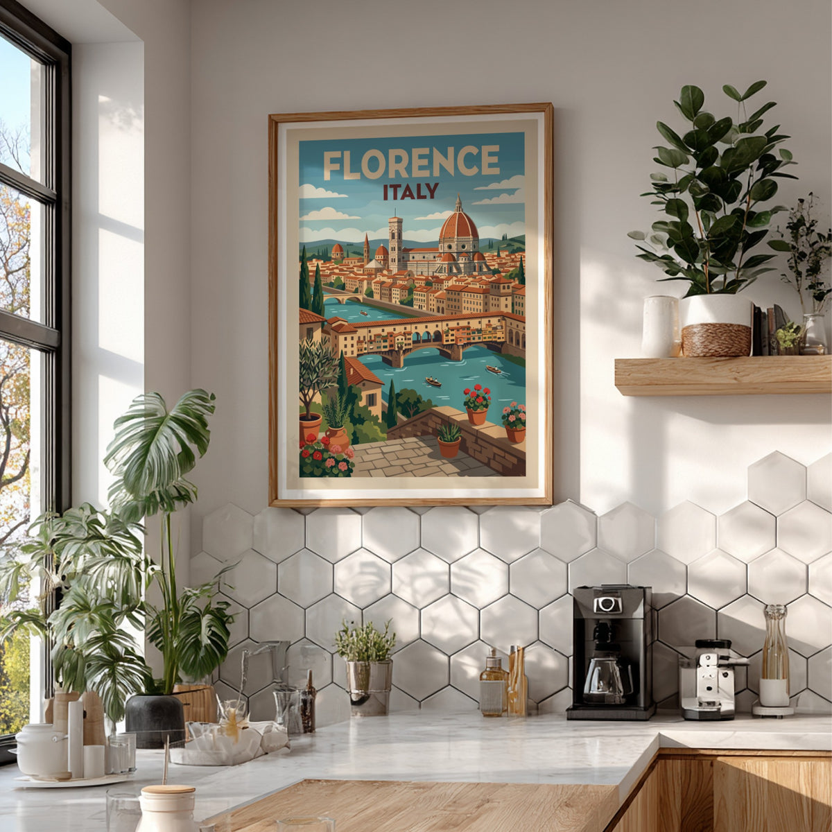 Florence Italy travel poster featuring the Duomo, Ponte Vecchio, and Mediterranean floral terrace.