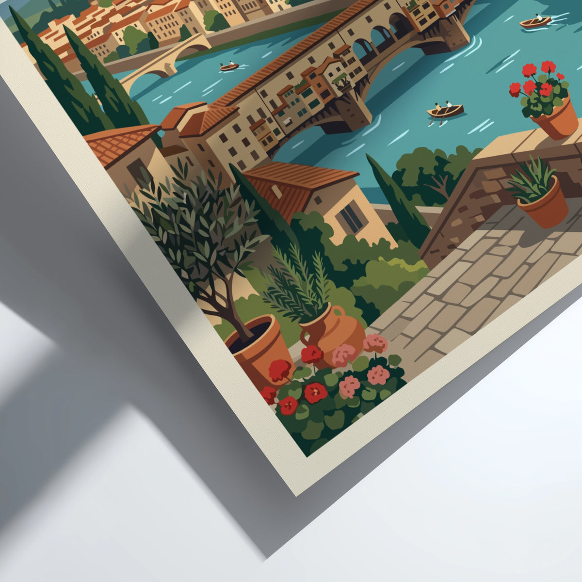 Florence Italy travel poster featuring the Duomo, Ponte Vecchio, and Mediterranean floral terrace.