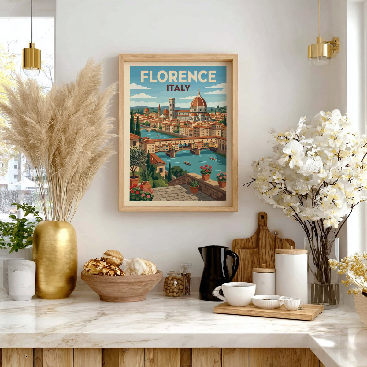 Florence Italy travel poster featuring the Duomo, Ponte Vecchio, and Mediterranean floral terrace.