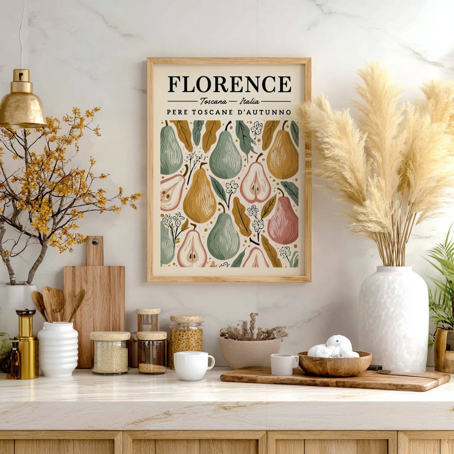 Kitchen poster featuring autumn pears in warm colors, perfect for home decor.