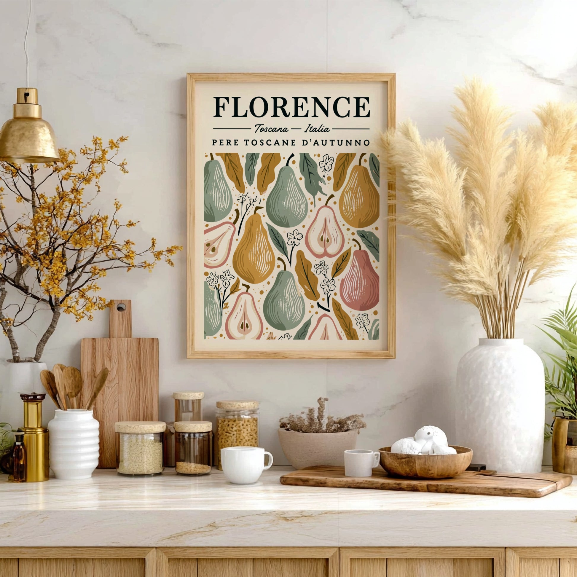 Kitchen poster featuring autumn pears in warm colors, perfect for home decor.