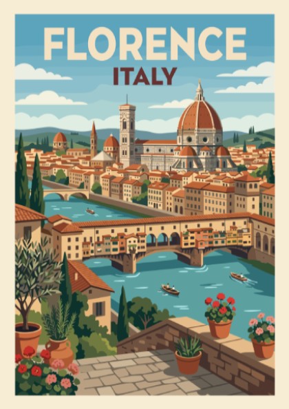 Florence Italy travel poster featuring the Duomo, Ponte Vecchio, and Mediterranean floral terrace.