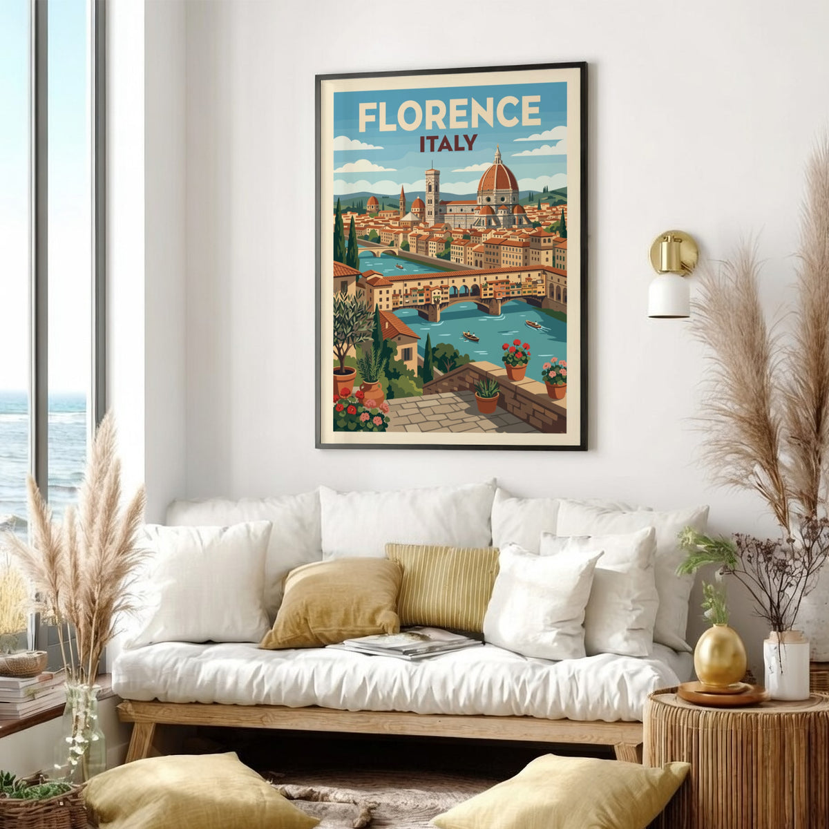 Florence Italy travel poster featuring the Duomo, Ponte Vecchio, and Mediterranean floral terrace.