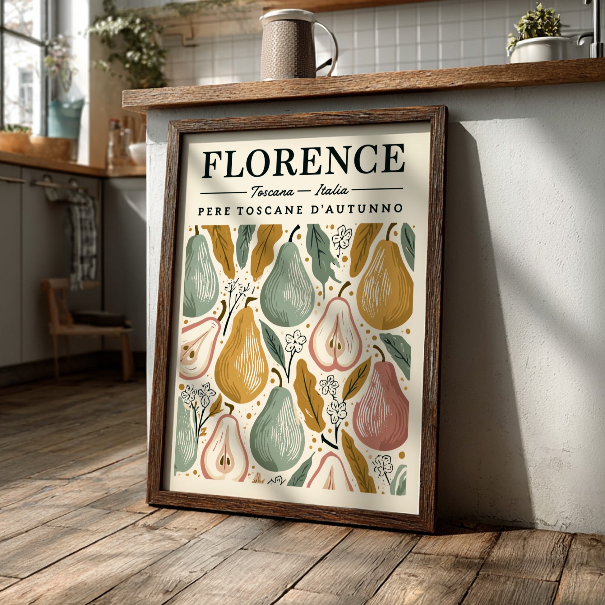 Kitchen poster featuring autumn pears in warm colors, perfect for home decor.
