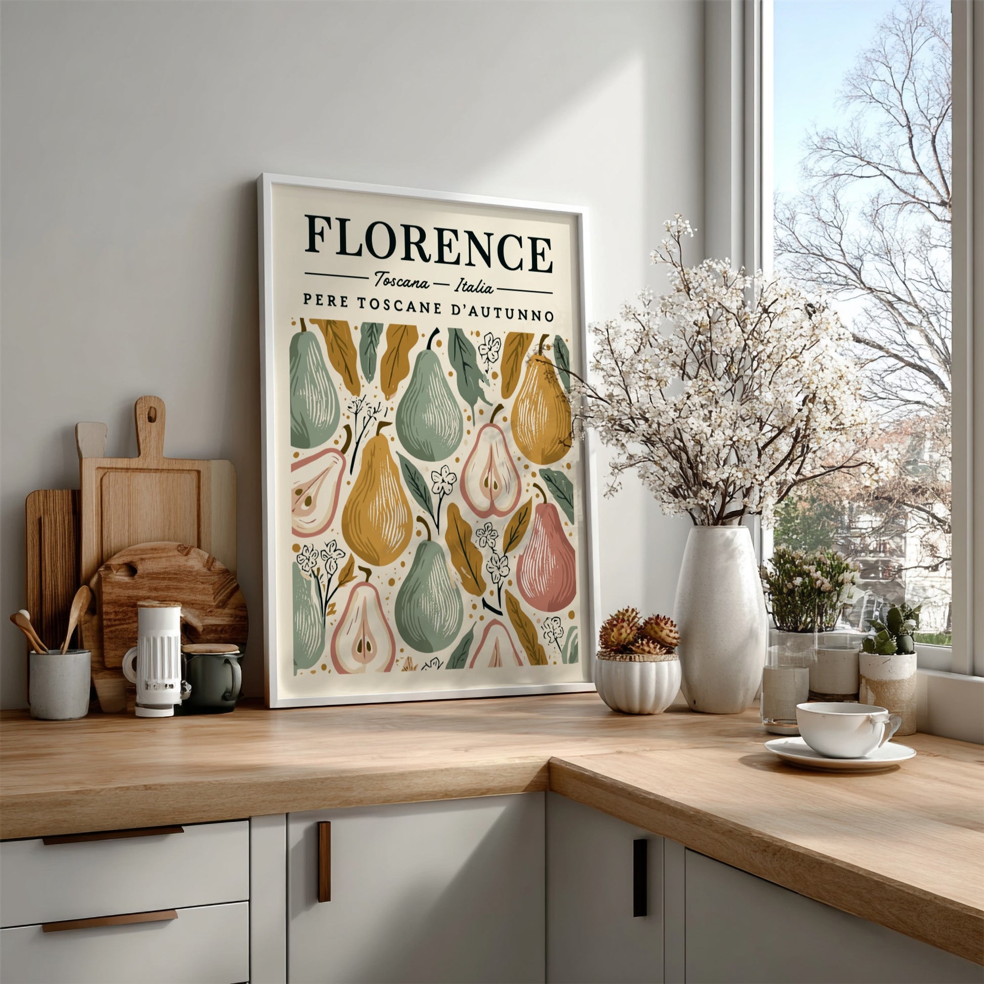 Kitchen poster featuring autumn pears in warm colors, perfect for home decor.