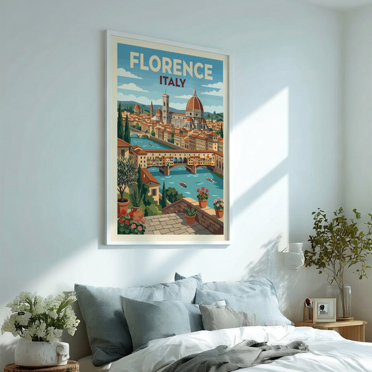 Florence Italy travel poster featuring the Duomo, Ponte Vecchio, and Mediterranean floral terrace.