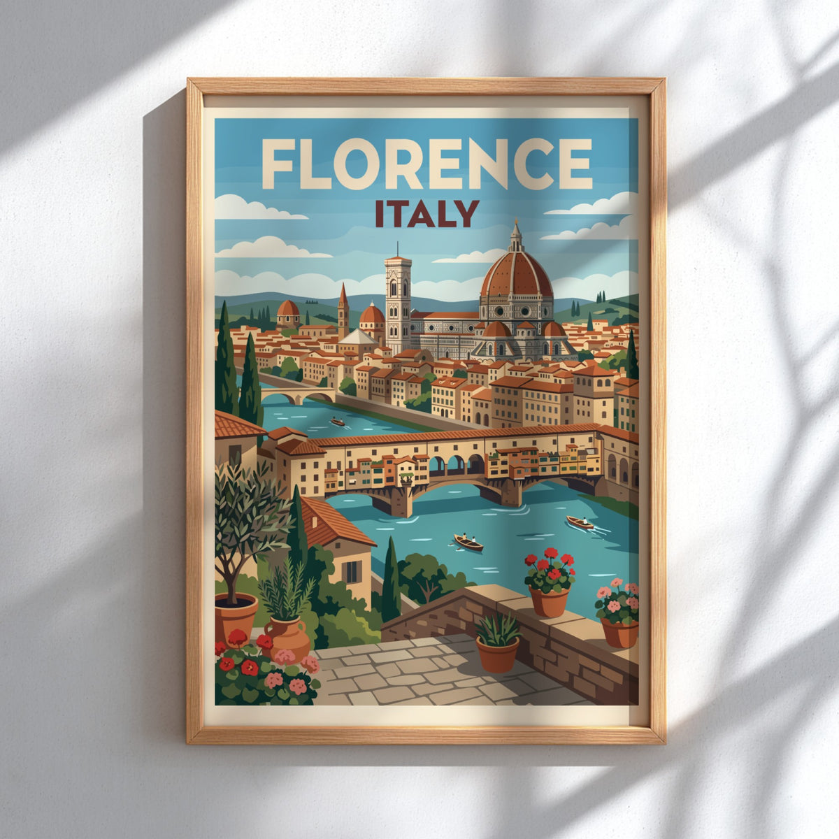 Florence Italy travel poster featuring the Duomo, Ponte Vecchio, and Mediterranean floral terrace.