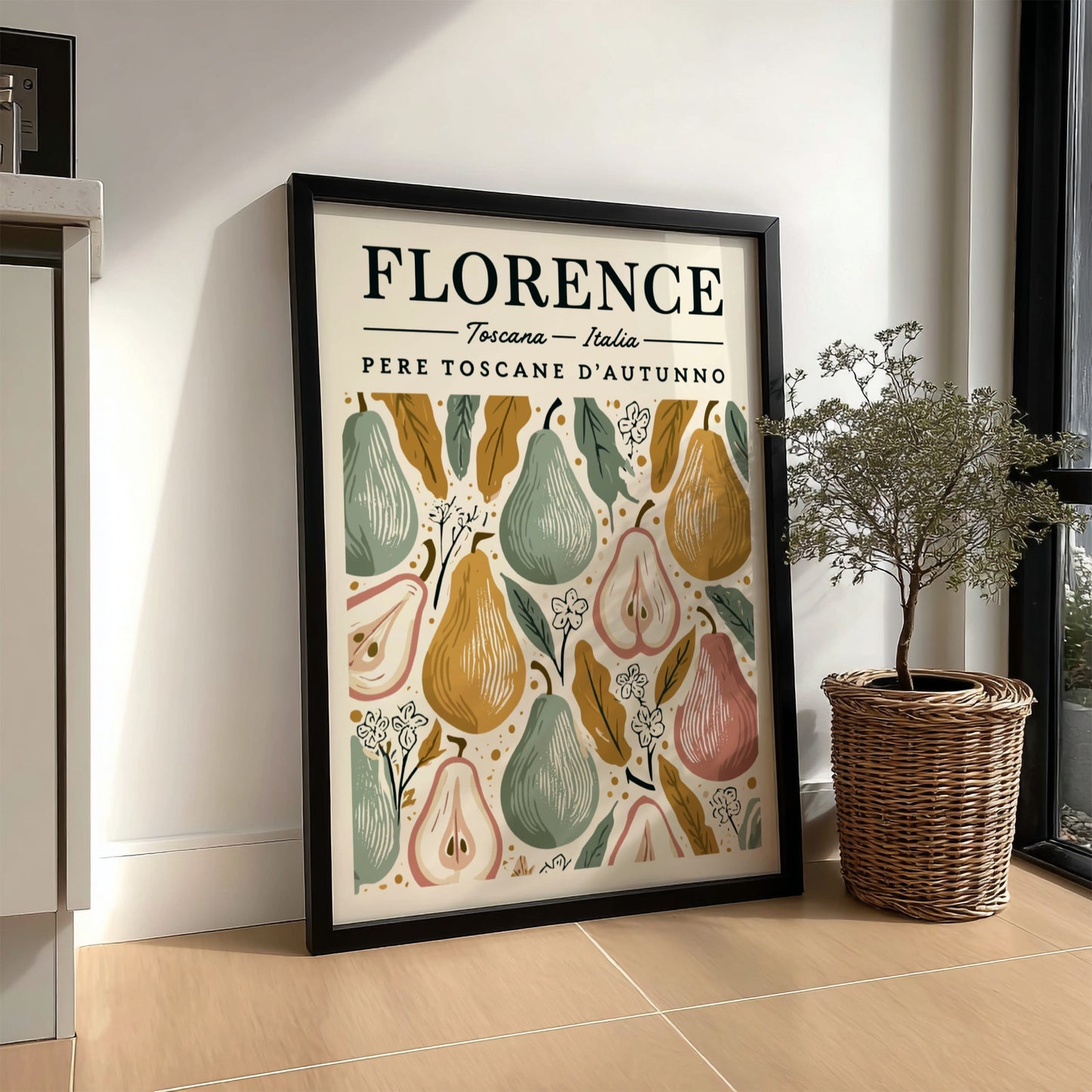 Kitchen poster featuring autumn pears in warm colors, perfect for home decor.