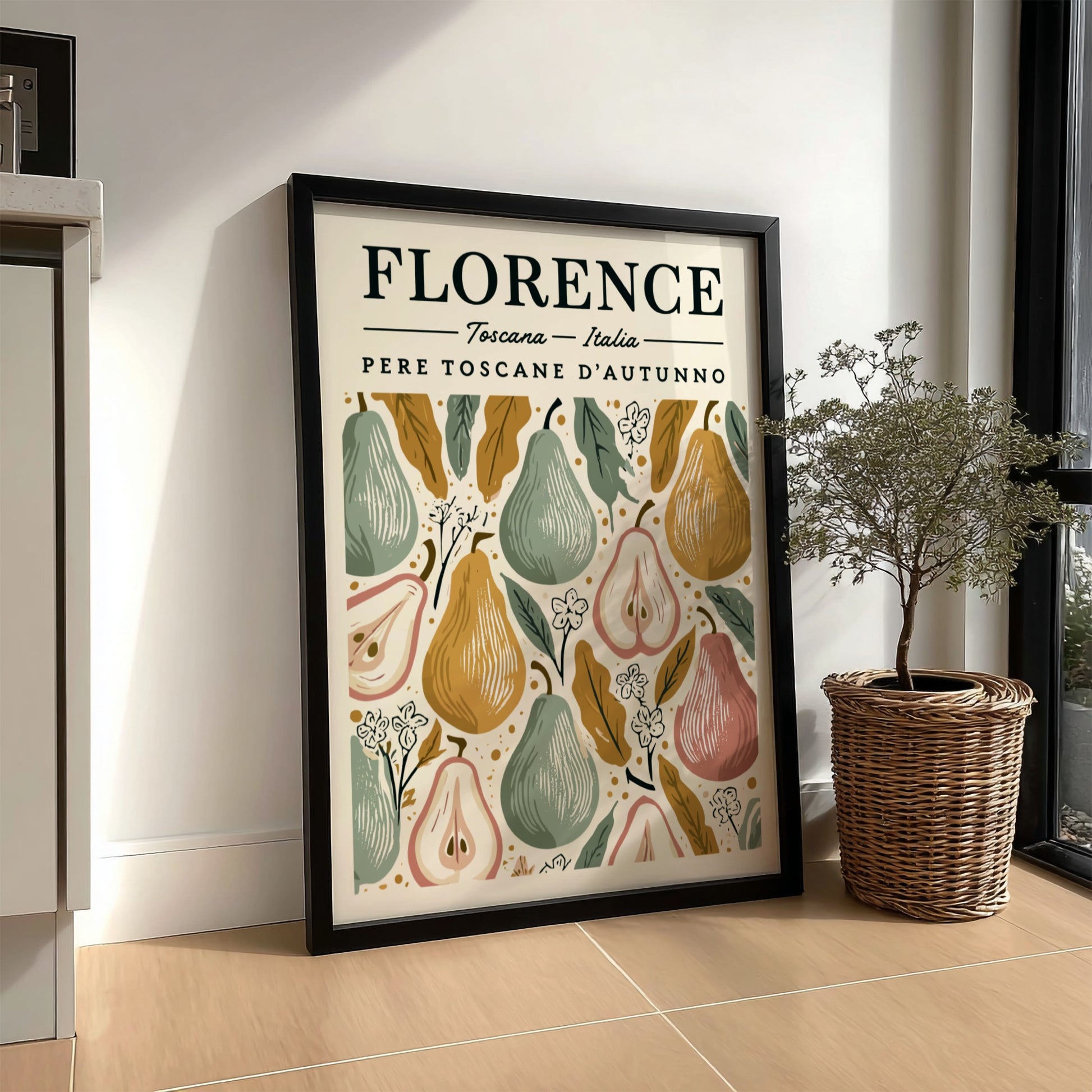 Kitchen poster featuring autumn pears in warm colors, perfect for home decor.