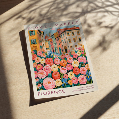 Flower market poster featuring vibrant flowers and charming city buildings in Florence