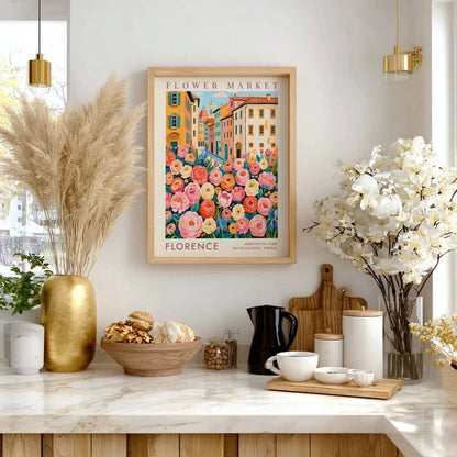 Flower market poster featuring vibrant flowers and charming city buildings in Florence