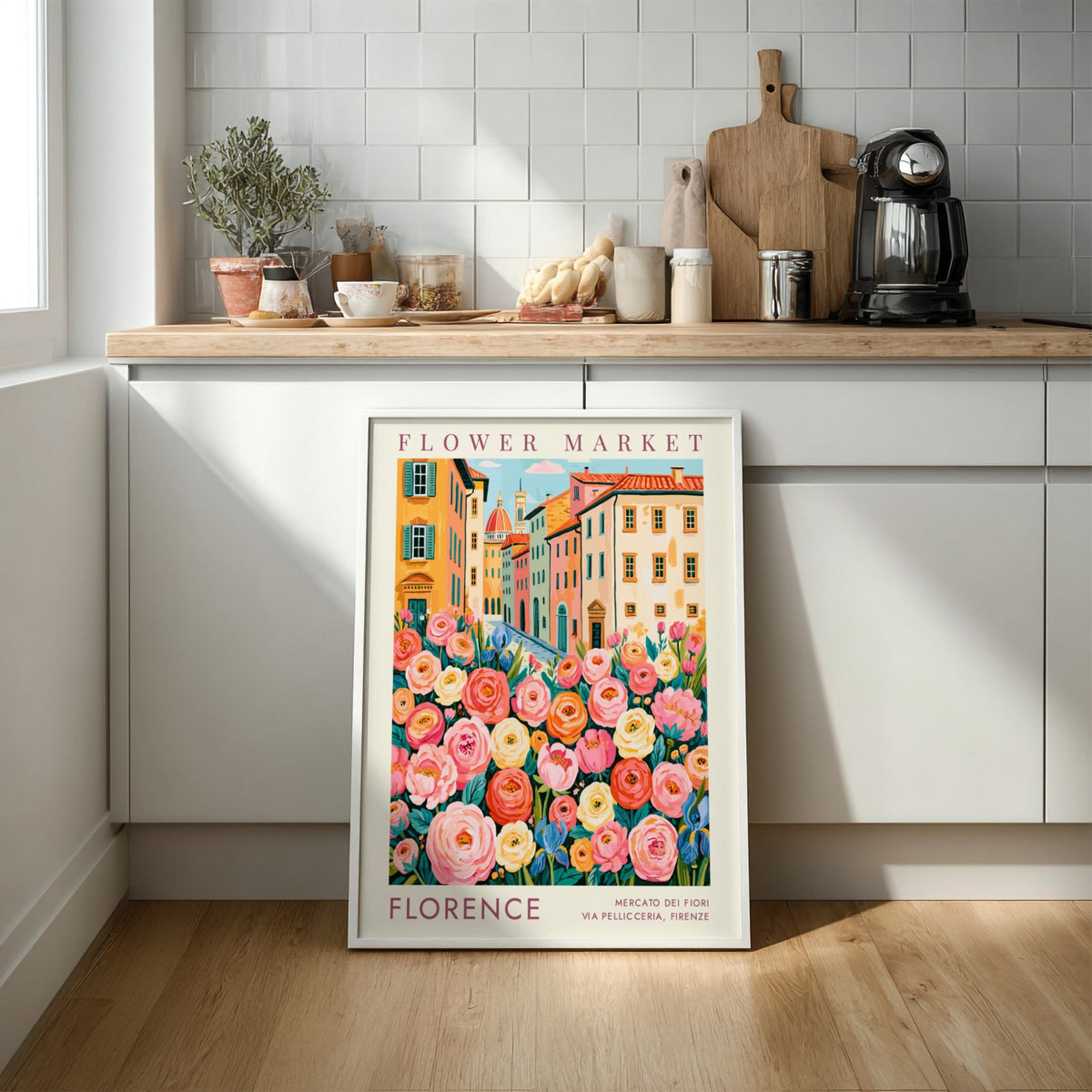 Flower market poster featuring vibrant flowers and charming city buildings in Florence