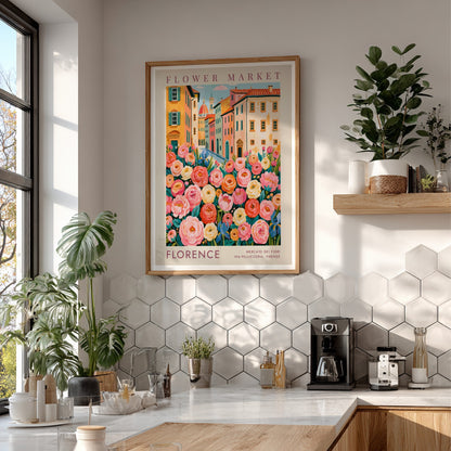 Flower market poster featuring vibrant flowers and charming city buildings in Florence