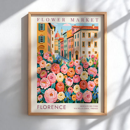 Flower market poster featuring vibrant flowers and charming city buildings in Florence