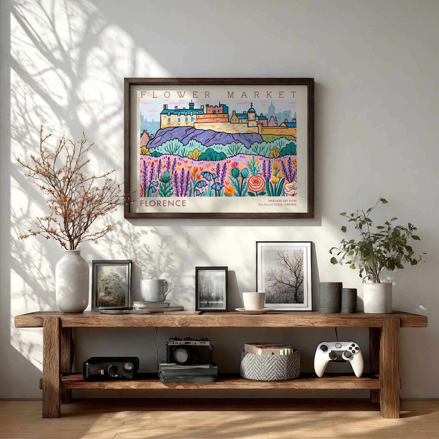 Florence flower market poster featuring vibrant colors and floral designs in a whimsical style