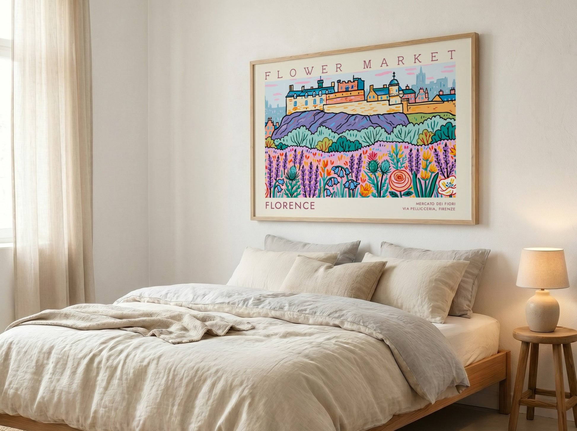 Florence flower market poster featuring vibrant colors and floral designs in a whimsical style