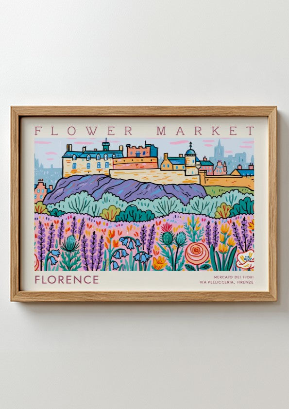 Florence flower market poster featuring vibrant colors and floral designs in a whimsical style