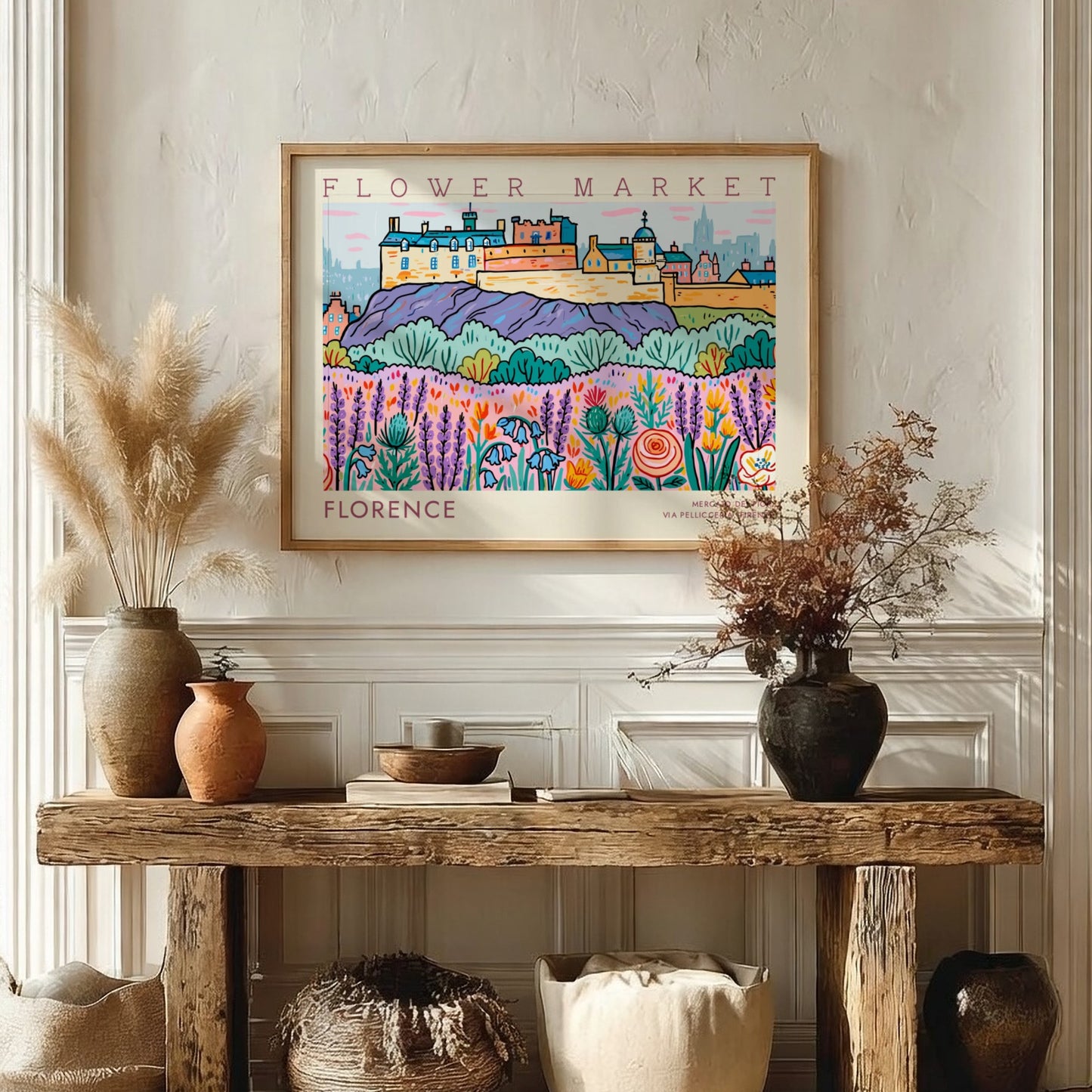 Florence flower market poster featuring vibrant colors and floral designs in a whimsical style