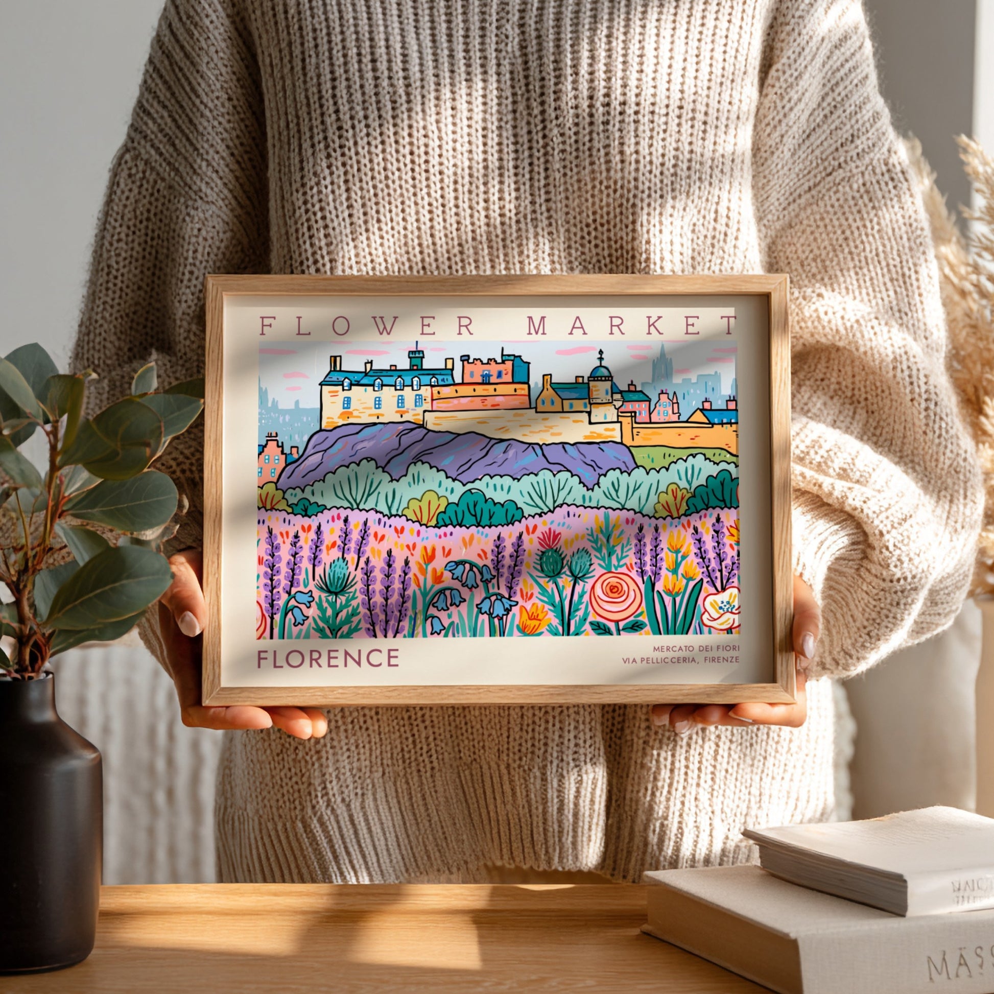 Florence flower market poster featuring vibrant colors and floral designs in a whimsical style