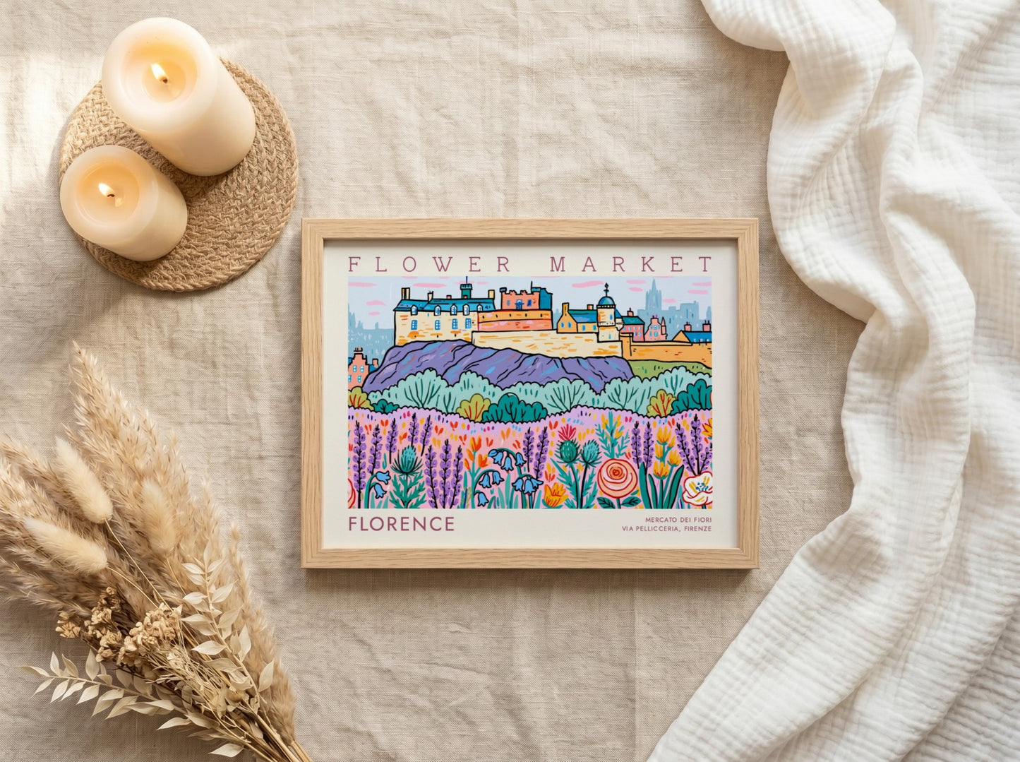 Florence flower market poster featuring vibrant colors and floral designs in a whimsical style