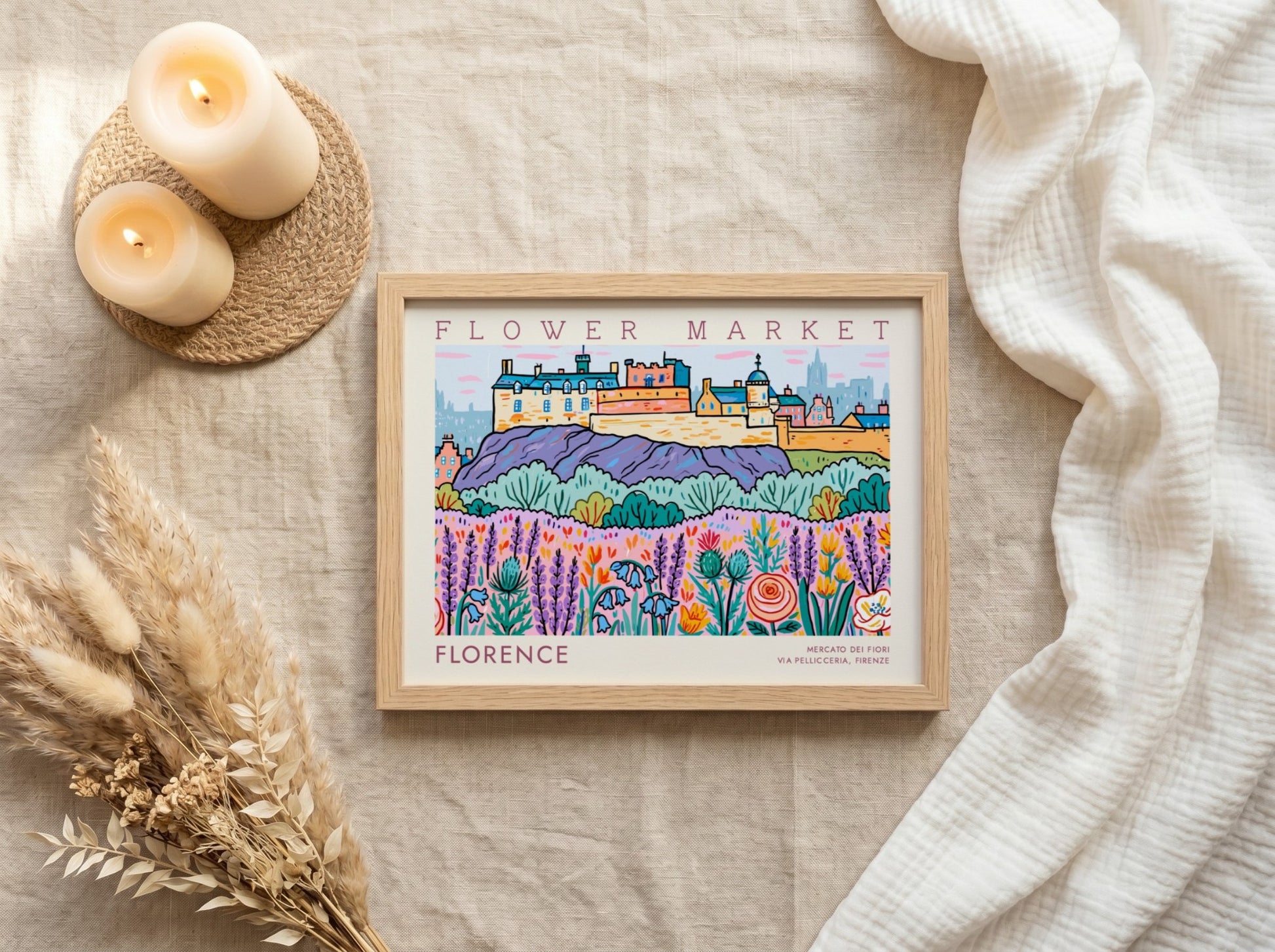 Florence flower market poster featuring vibrant colors and floral designs in a whimsical style
