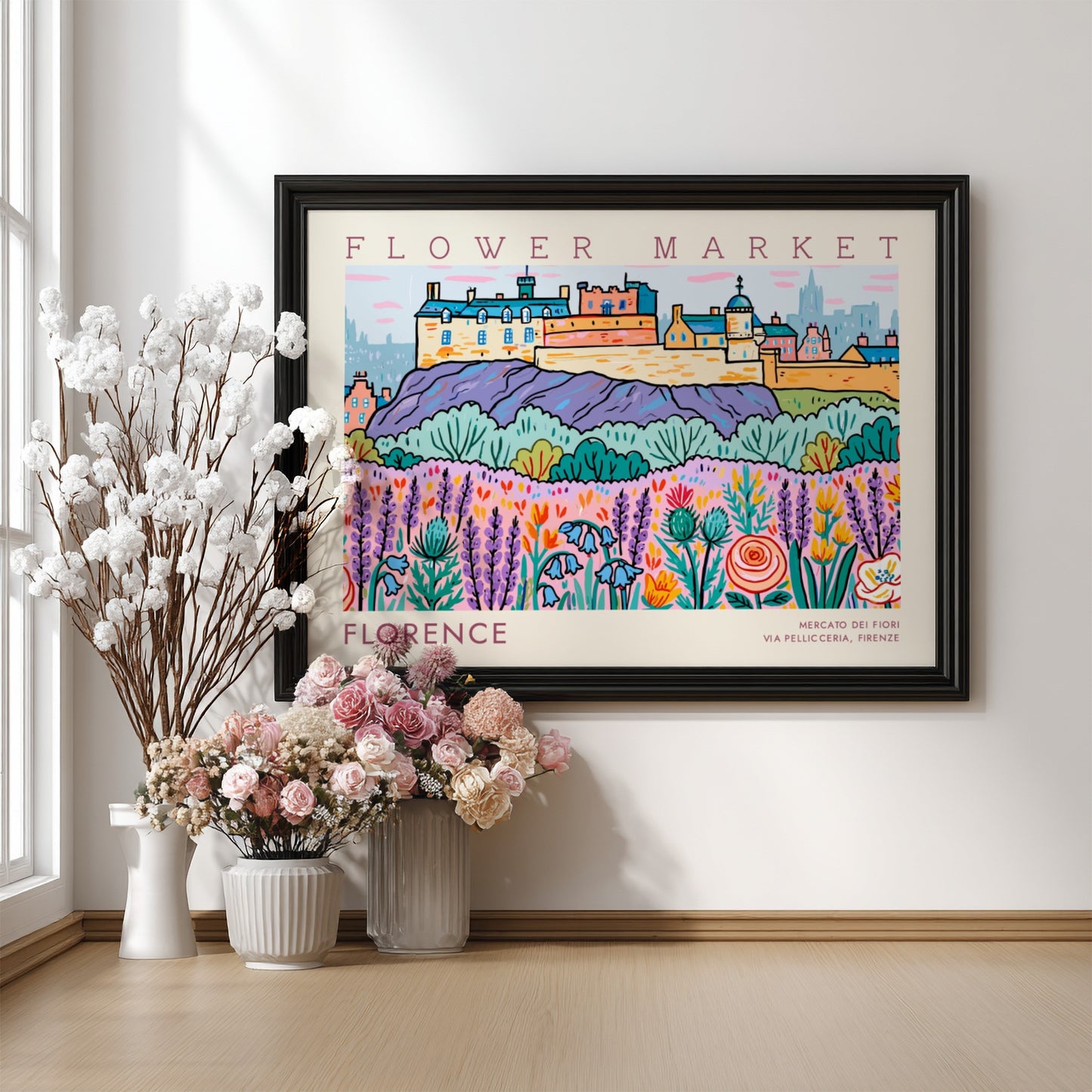 Florence flower market poster featuring vibrant colors and floral designs in a whimsical style