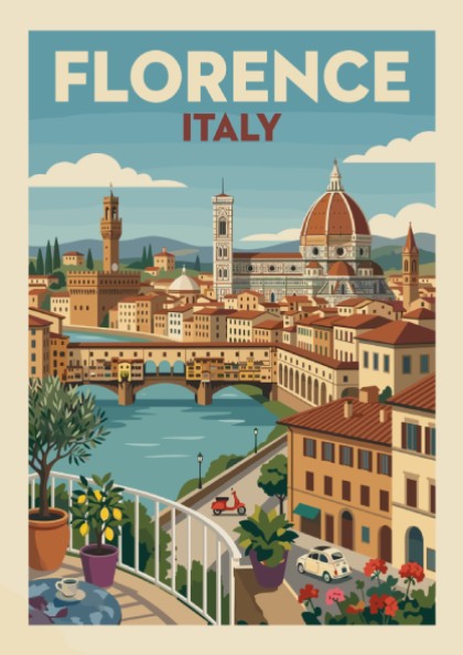 Vintage Florence Italy travel poster featuring the Duomo and Ponte Vecchio cityscape.
